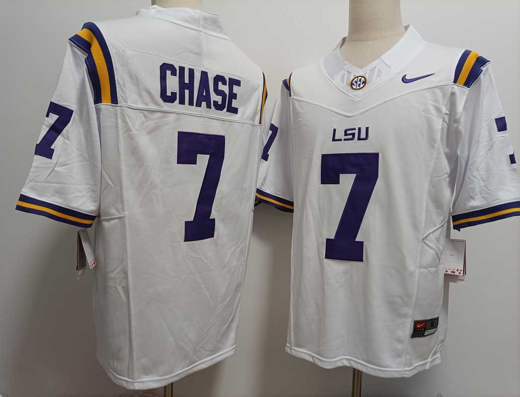 Men%27s LSU Tigers #7 JaMarr Chase White FUSE College Stitched Jersey